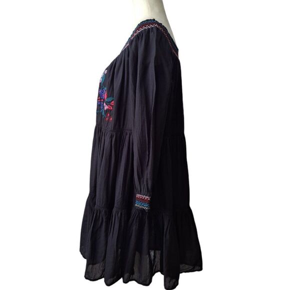 Free People Sunbeam Black Embroidered Off Shoulder Boho Peasant Tunic Dress M - Picture 6 of 9